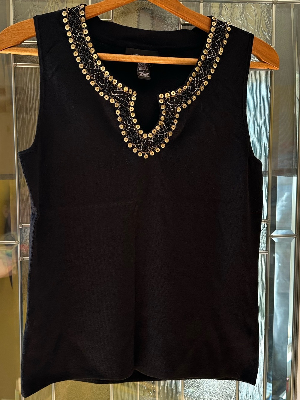 Cable & Gauge Black Sleeveless Top with Gold Embellished Neckline